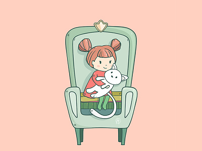Time Cat animal armchair cartoon cat child cozy cute girl home illustration kitty white