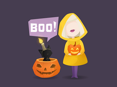 BOO! candle cat character funny game halloween. girl pumpkin raincoat