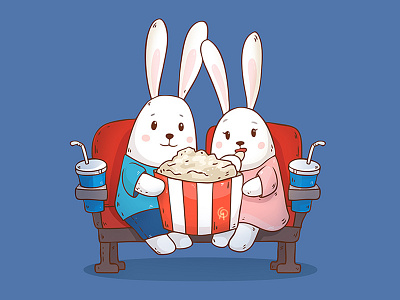 Our movie night bunny cinema cute food friends illuatration love movie popcorn vector