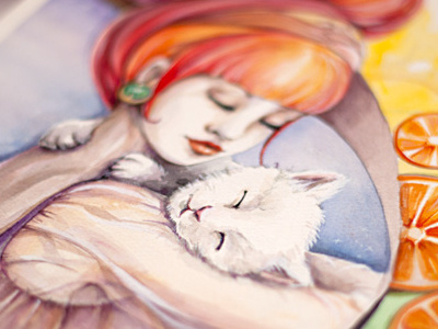 Orange Autumn and cat. Watercolor