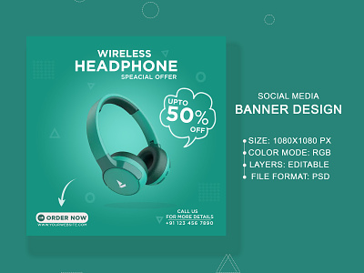 Wireless Headphone Social Media Poster Design abstract flyer abstract layout abstract template ad ad design banner flyer brochure frame dribble fashion layout flyer frame graphic design headphone ad hridaydas99 minimal banner minimal flyer minimal poster modern layout modern template photoshop design post background