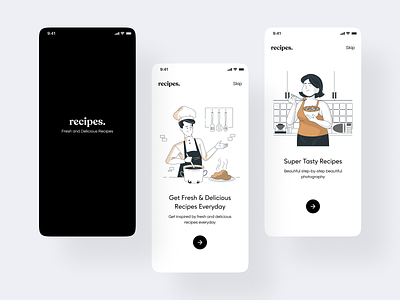 Recipes. | Onboarding Screens Design awesome design design eating food and drink food app food illustration foodie inspiration interface minimal minimalism minimalistic modern design recipe app recipe book recipes user experience user inteface user interface design