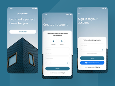 Sign In & Sign Up Screens Design - propertee. App apartment clean design home house login ui minimal minimalist mobile penthouse product properties property real estate rent home sign in sign up splash screen ui ux