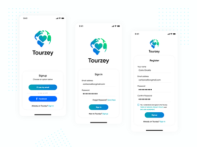 Tourzey - Login & Signup Screens app clean ui design interface login login screen modern design rental sign up tour tourism tourist tourzey app travel travel app traveling travelling user experience user inteface vacations