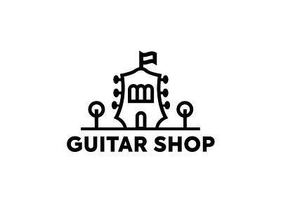 Guitar bold font building flat guitar line logo museum music shop