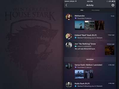 House Stark Concept App activity screen app clean concept app dark style game of thrones ios mobile notification