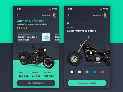 Motorcycle Customization App 🏍 app buy card choose clean color concept custom dark design gradient green harley davidson ios location app motobike profile simple step by step ui