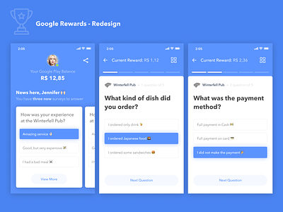 Google Rewards Redesign 🏆 android app app card clean concept design emoji set google icon material progressbar quiz app redesign concept rewards simple typography ui ux