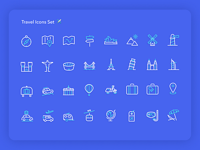 Travel Icons Set ✈️ blue card clean concept icon icons pack icons set illustration inline simple travel traveling two tone ui vector