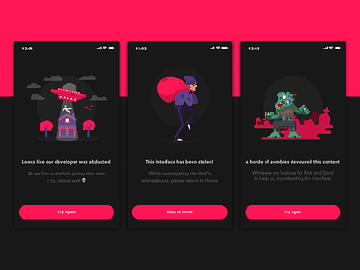 Empty States - Funny Error Cases 👽 abduction app clean concept dark design empty state error halloween icon illustration red simple thief ui vector zombies