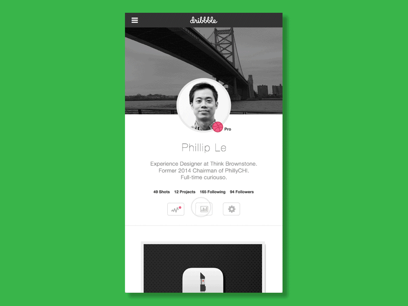 Daily UI 006: User Profile — Dribbble 006 android animation dailyui dribbble interaction ios mobile profile redesign ui user