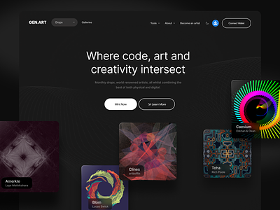 Gen.Art Homepage artist page artwork crypto dark mode dark site design generative homepage landing page nft web design