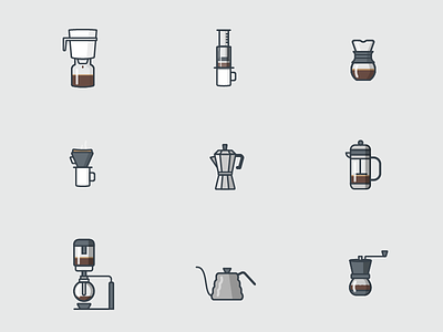 Coffee Icon Series aeropress chemex coffee french press grinder icons series vector