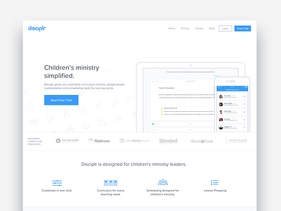 Disciplr Website 2.0 blue childrens ministry clean disciplr icons interface playful social proof website