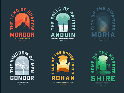 Lord of the Rings Locations badge hobbits horse logo lotr movie negative space sillhouette volcano