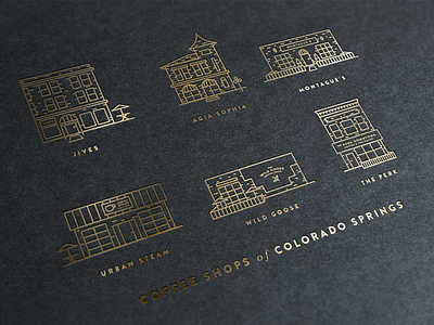 Coffee Shops of COS - Gold Foil coffee colorado springs gold foil icon line metallic poster print shiny