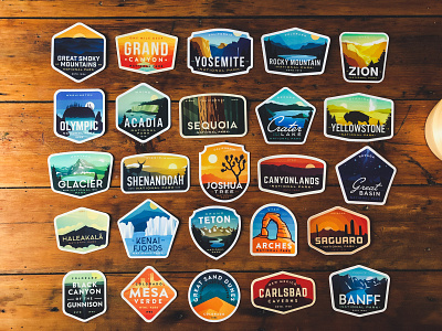 National Park Sticker Collection badge badges national park nationalparks nature outdoors rocky mountain series stickers vintage vinyl yellowstone yosemite