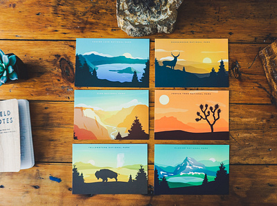 National Park Postcard Collection 3 glacier illustration national park postcard silhouette vintage yellowstone