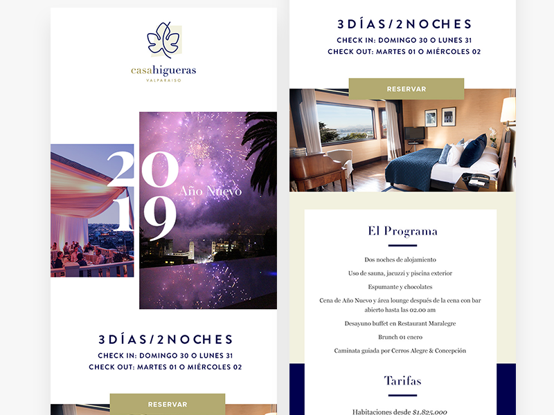 Casa Higueras Hotel Newsletter Design party year new year promo booking typography design yellow clean hotel newsletter mailing