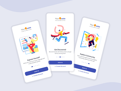 Writing App - Walkthrough Design (Mobile) aap design adobe xd app flow clean ui concept ui flat design login flow login illustrations minimal design onboarding product design quote simple design social app ui ux walkthough screens yourquote yourquote app yq