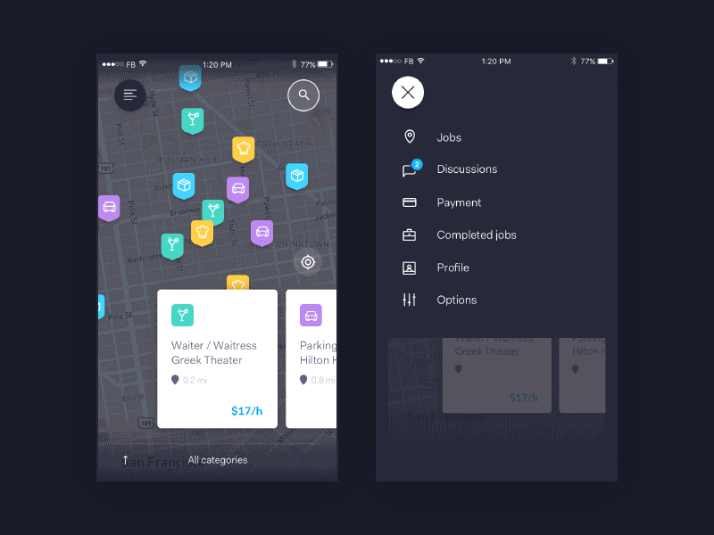 Concept - Browsing Job Offers animation app browse category interaction job list location map principle ui ux
