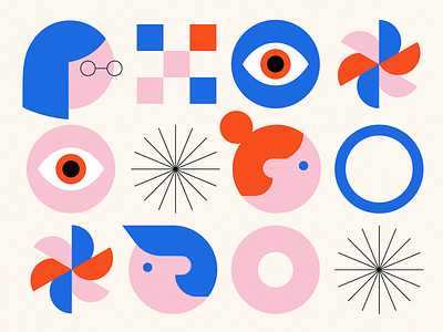 Shapes & Heads abstract black blue boy circles eyeball eyes faces geometric geometry girl heads man minimal people people icons pink red square woman