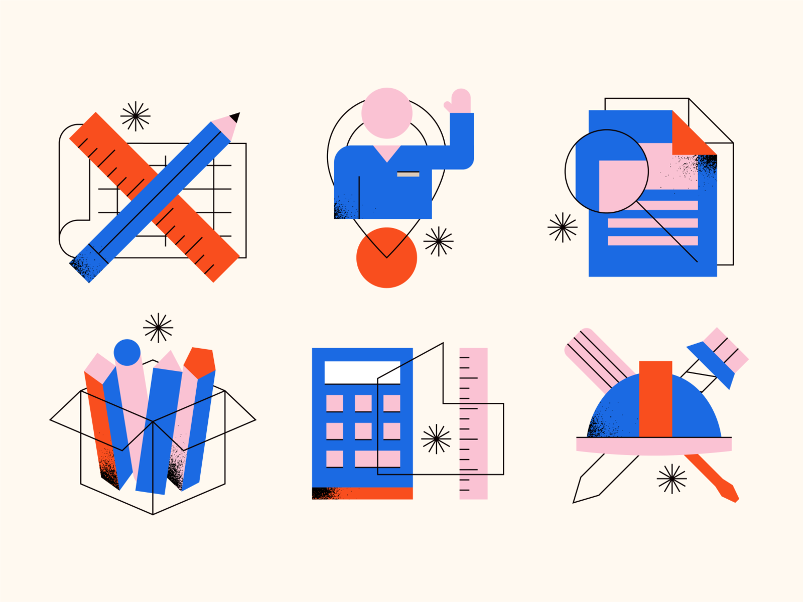 Building Products Icons abstract architect building calculator costruction customer documents geometric hard hat home icons pen pencil people residential ruler screwdriver simple texture tools