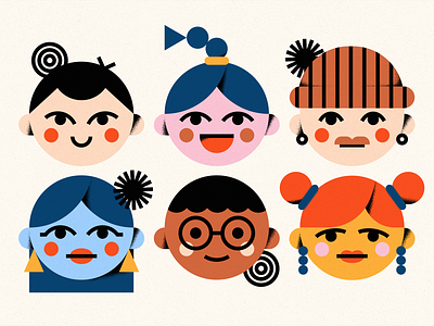 Faces abstract black blue branding diversity faces flat geometric glasses hair hairstyle hat icons logo orange people portrait red team yellow