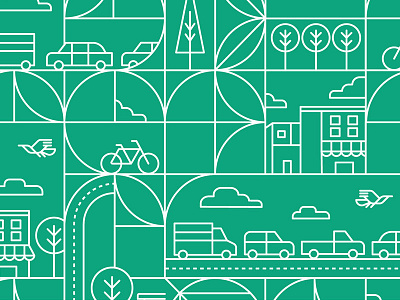 City Illustration 1/3 bird car city clouds edmonton home house minimal monoline streets tree vector