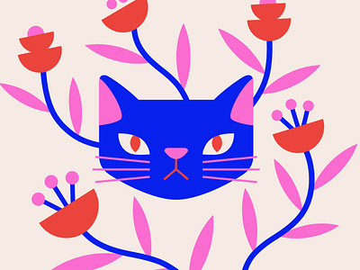 MEW animal blue cat floral flowers leaves minimal pink plant plants red vector