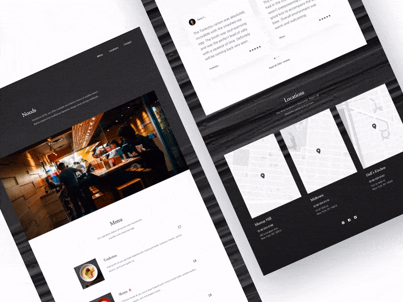 01 Noods 🍜 animation branding clean gif kono landing page locations menu project ramen reviews ui ux website weeklyui