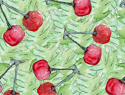 Seamless pattern with watercolor textured fruits: apple, cherry arts background berry cherry color decoration design drawing eaten fruit hand illustration leaf organic paint pattern seamless textile watercolor