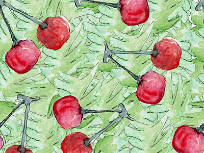 Seamless pattern with watercolor textured fruits: apple, cherry arts background berry cherry color decoration design drawing eaten fruit hand illustration leaf organic paint pattern seamless textile watercolor