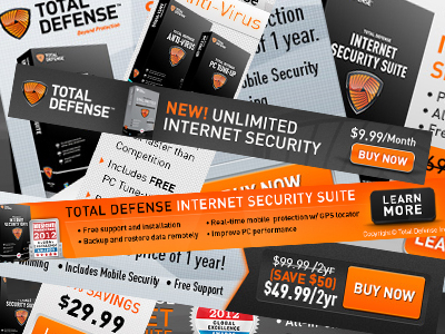 a pile of Total Defense campaign banners ad affiliate banner button cloud icon shield software tech texture ui ux web web banners