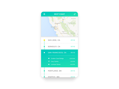 Day079 Itinerary 079 california dailyui gradient itinerary list map mobile travel