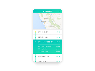 Day079 Itinerary 079 california dailyui gradient itinerary list map mobile travel
