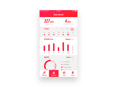 Workout Data bar chart calendar mobile pie chart stats summary tab bar workout