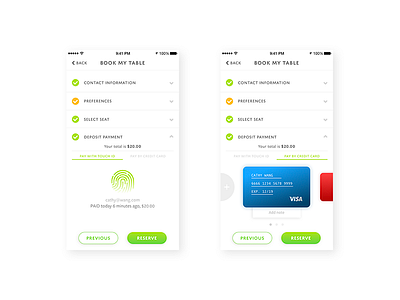 TABLES Payment options credit card finger print mobile payment reservation restaurant tables ui ux