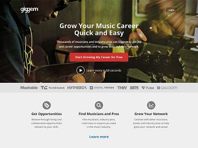 Landing Page for Social Network landing page music musician product page simple social network startup ui visual design web