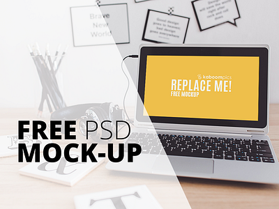 Free Hi-Res Mockup PSD (3579 x 2386 px) desk free freebie kaboompics laptop mock up mockup notebook screen workplace workspace