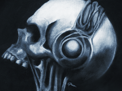 Skull with Headphones charcoal dark art dnb drawing gothic metal music skull surreal surrealism t shirt tattoo