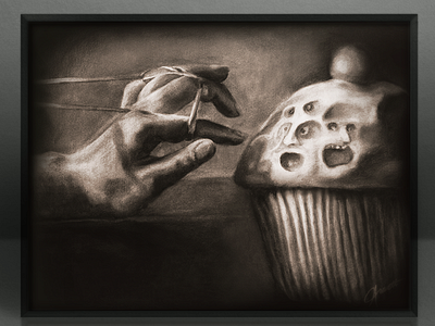 No Cupcake for You, My Friend addiction charcoal control cupcake dark drawing food hand resistance surreal