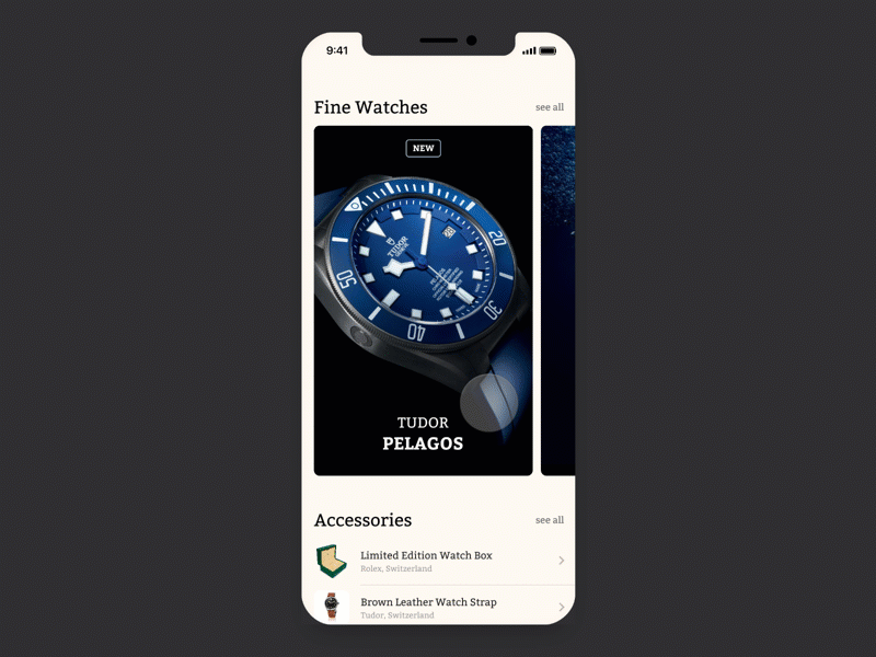 Featured Fine Watches -- Card expansion prototype card dailyui ecommerce gif invision iphone x list product store ui ux watch