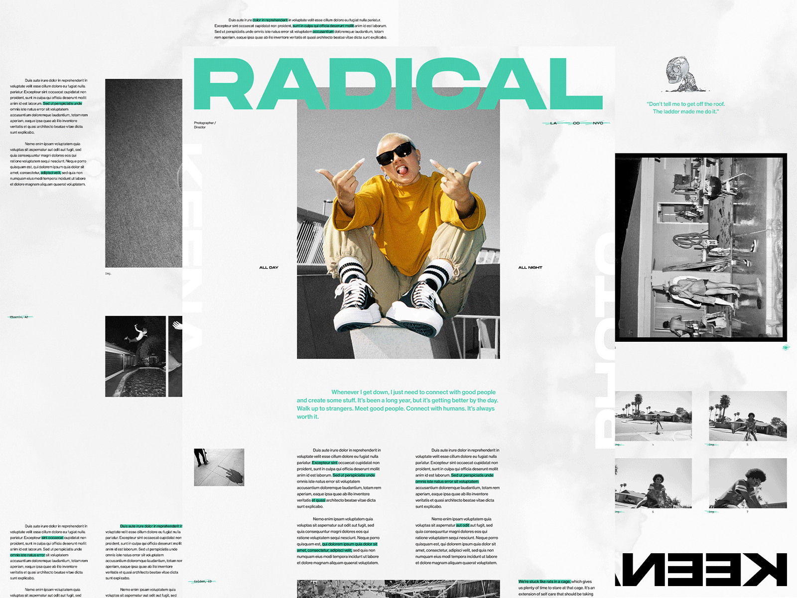 KEENA black and white editorial exploded grid exploration grid grunge layout outside the box photography texture typography ui ux web design