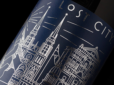 Lost City foil illustration packaging wine label