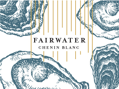 Fairwater blue foil gold illustration ocean print water white wine label