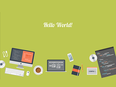 Hello World！ coding coffee desk dev developer hello world keyboard monitor notebook programmer work