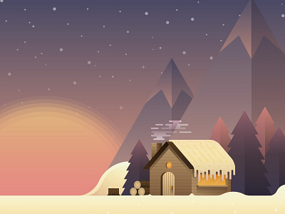 Cabin cabin colour design minimal mountains shape snow sunset trees vector view woods