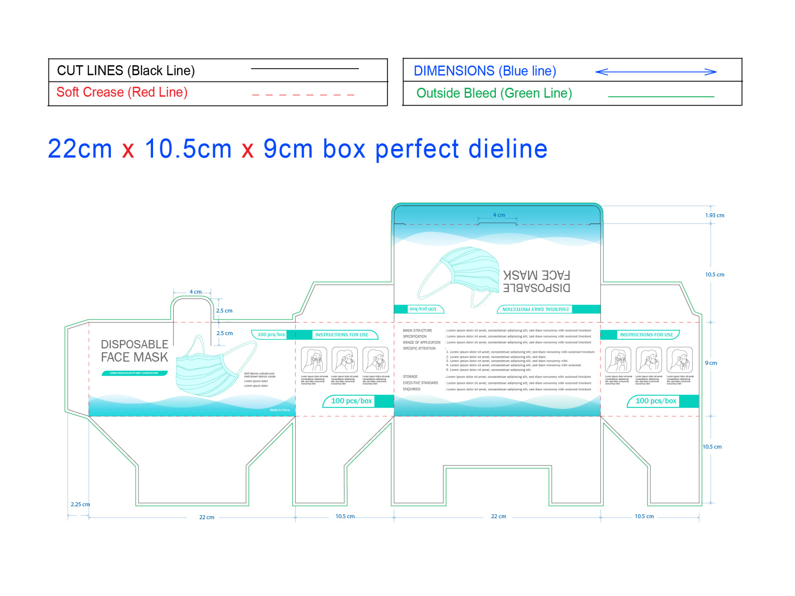 Print Ready Mask Box Dieline Template Disposable Face Mask By MD 