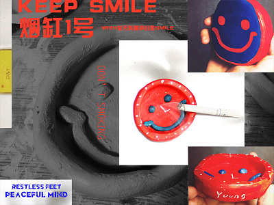 smile ashtray／handmade／blue／clay sculpture／smile